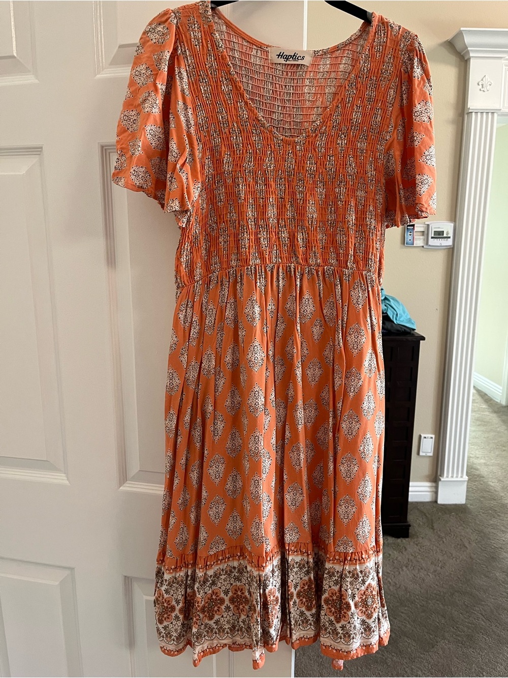 Haptics Orange Smocked Midi Dress with Border Print and pockets
